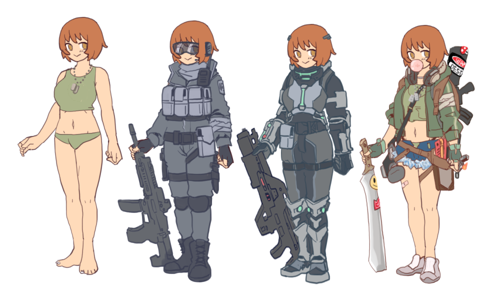 1girl, :>, assault_rifle, barefoot, brown_eyes, brown_hair, bubble_blowing, chewing_gum