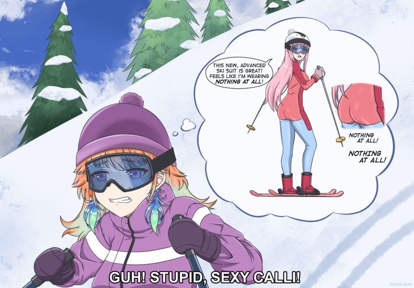 2girls, artist_name, ass, beanie, blue_sky, bodysuit, boots, breasts