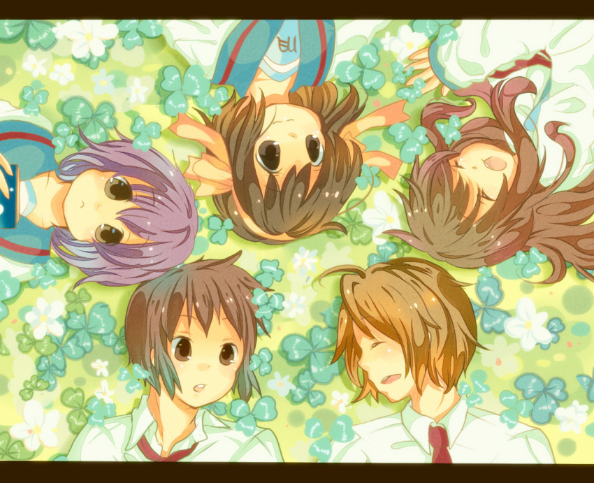 brown_eyes, brown_hair, clover, koizumi_itsuki, kyon, long_hair, lying, mi-ru