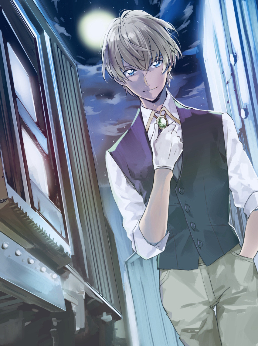 1boy, amuro_tooru, bangs, black_vest, blonde_hair, blue_eyes, brown_pants, building