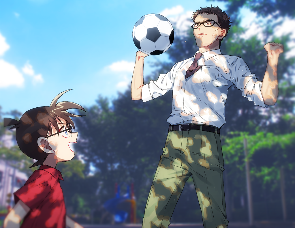 2boys, :d, ball, bangs, belt, black-framed_eyewear, black_belt, blue_eyes