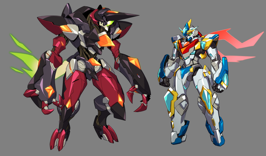 absurdres, clenched_hands, degarashi_(ponkotsu), green_eyes, grey_background, highres, looking_ahead, mecha