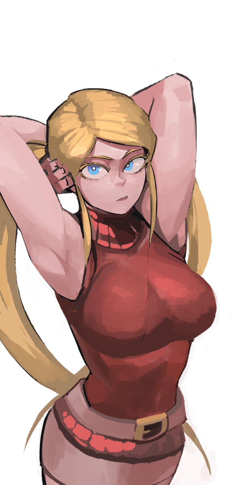 1girl, 33dot, absurdres, armpits, arms_behind_head, arms_up, beige_skirt, belt, blonde_hair, blue_eyes, breasts, commentary, english_commentary, gamia_q, highres, large_breasts, long_hair, looking_at_viewer, mazinger_z, mazinkaiser, pencil_skirt, red_sweater, shin_mazinger_shougeki!_z-hen, skirt, sleeveless, sleeveless_turtleneck, solo, standing, sweater, turtleneck, twintails, white_background