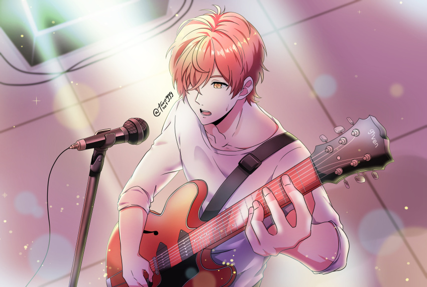1boy, copyright_name, english_commentary, given, hair_over_one_eye, highres, holding, holding_instrument