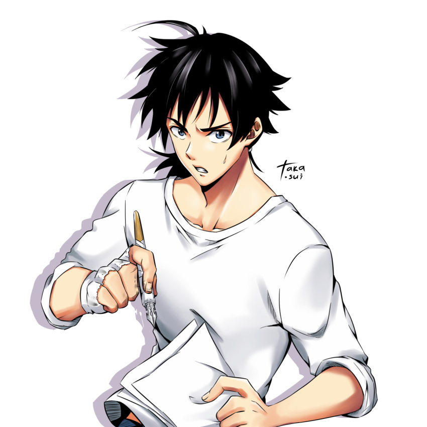 1boy, artist_name, black_hair, fingerless_gloves, gloves, highres, holding, holding_pen, male_focus, medium_hair, paper, parted_lips, pen, sasaki_teppei, shirt, simple_background, solo, sweatdrop, takamizawa_usui, time_paradox_ghostwriter, white_background, white_shirt