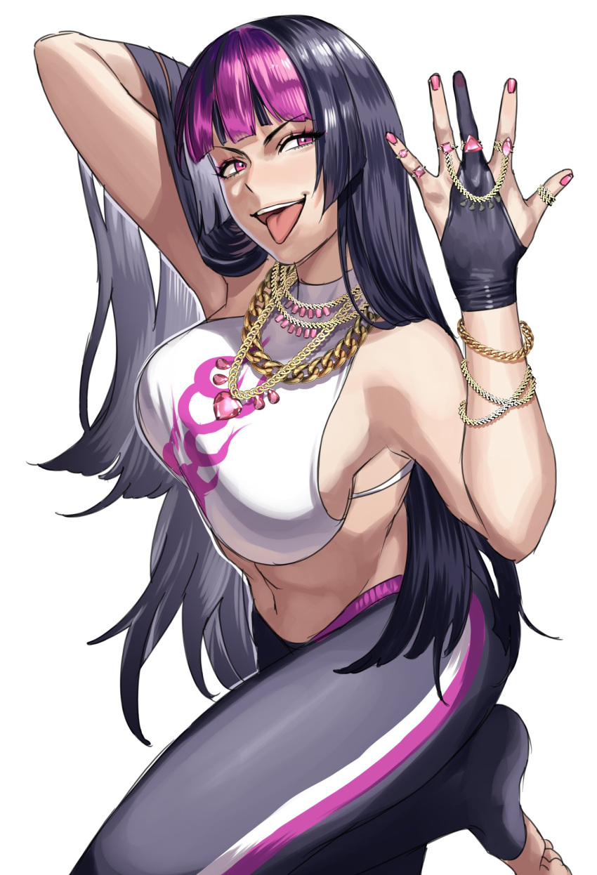 1girl, abs, bangle, bangs, black_hair, bling, blunt_bangs, bracelet, breasts, chain, chinese_clothes, commentary, dudou, english_commentary, eyelashes, fingernails, gem, gold_chain, han_juri, hand_in_hair, hanny_(uirusu_chan), highres, jewelry, large_breasts, midriff, multicolored_hair, multiple_rings, nail_polish, navel, pants, pose, purple_hair, purple_nails, sideboob, sleeveless, solo, straight_hair, street_fighter, street_fighter_v, toned, tongue, tongue_out, track_pants, two-tone_hair, upper_teeth, violet_eyes