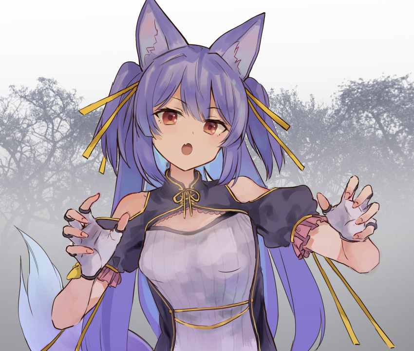 .live, 1girl, animal_ears, fang, fingerless_gloves, forest, gloves, hair_ornament