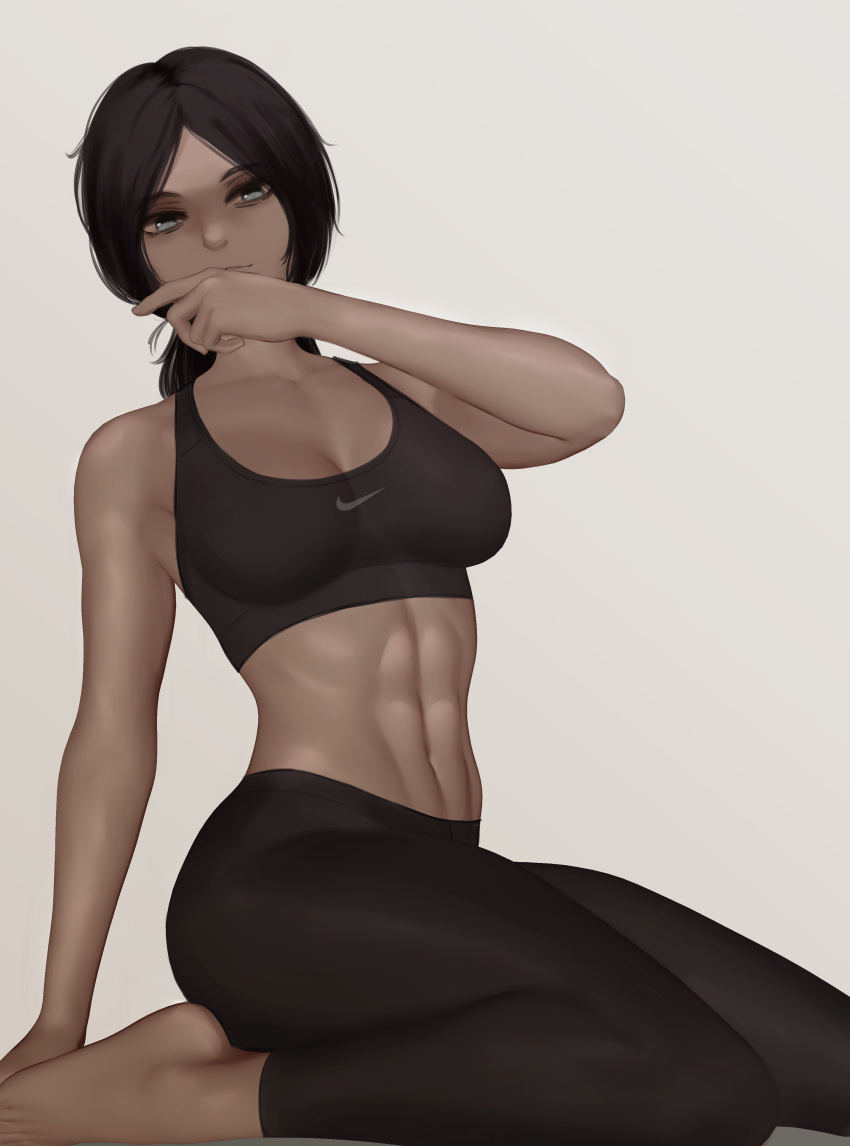 1girl, abs, absurdres, black_tank_top, blue_eyes, breasts, gym_uniform, highres