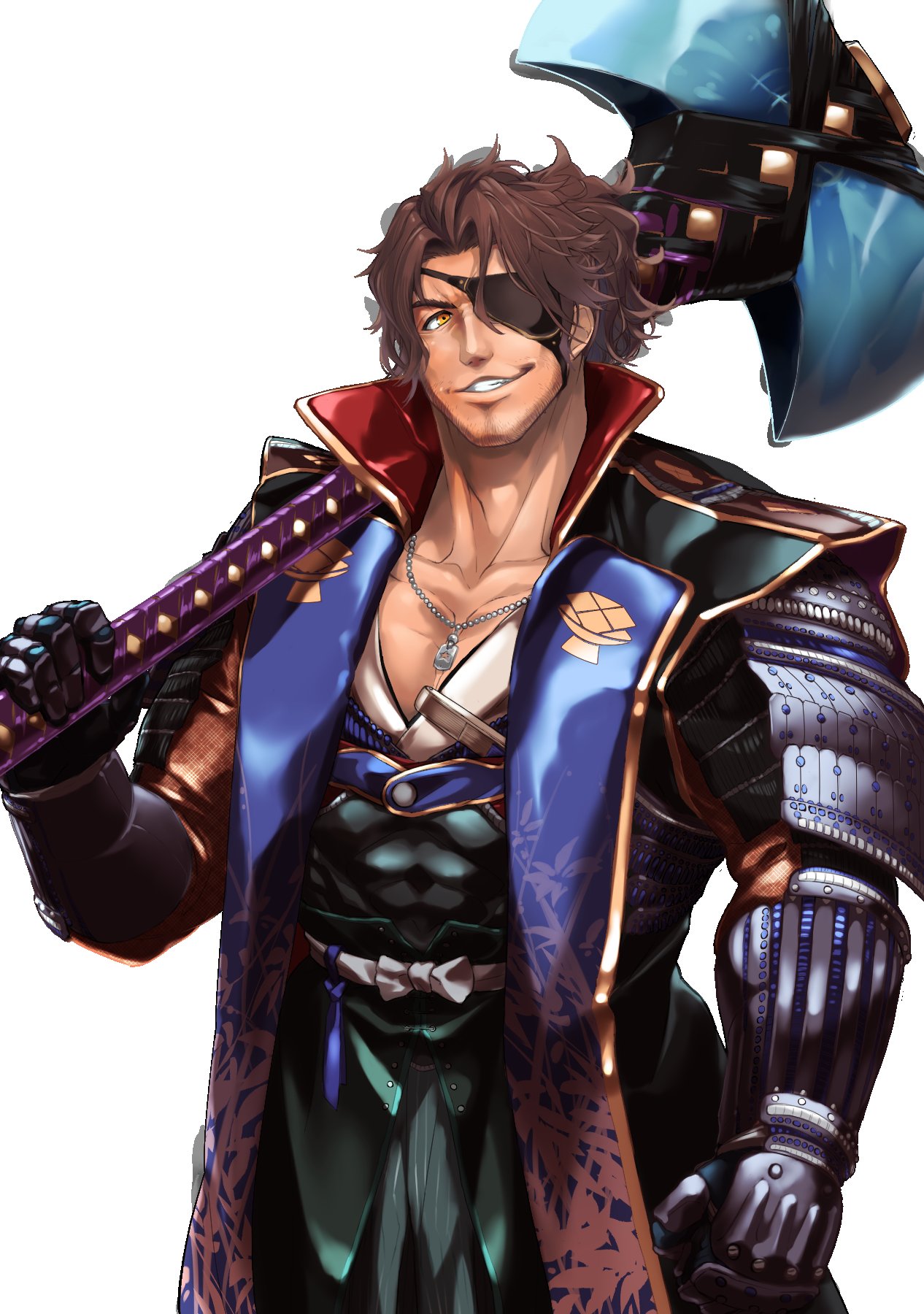 1boy, alternate_costume, axe, belmond_banderas, black_hakama, black_jacket, black_kimono, brown_eyes