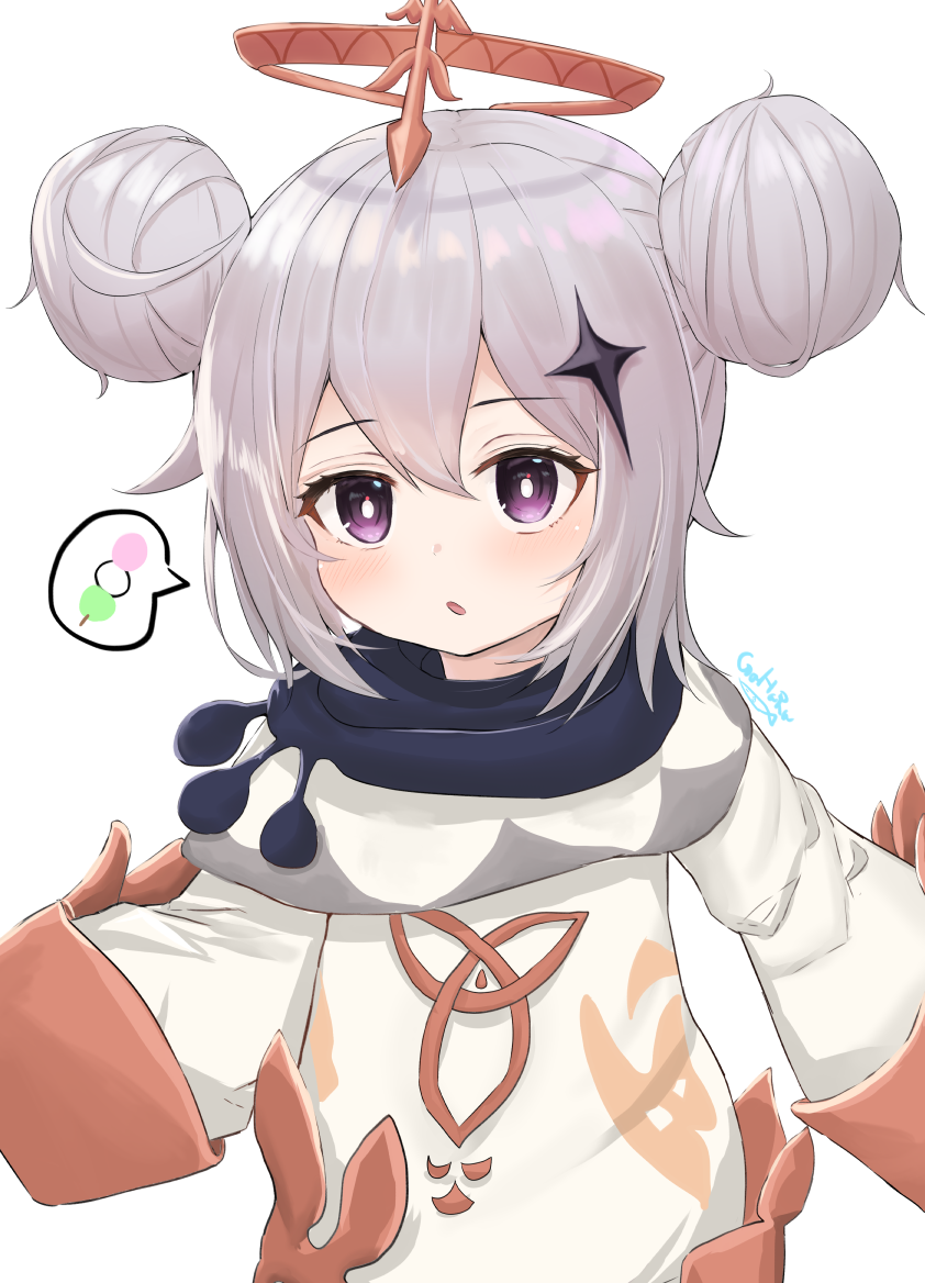 1girl, alternate_hairstyle, bangs, commentary_request, dango, double_bun, dress, eyebrows_visible_through_hair