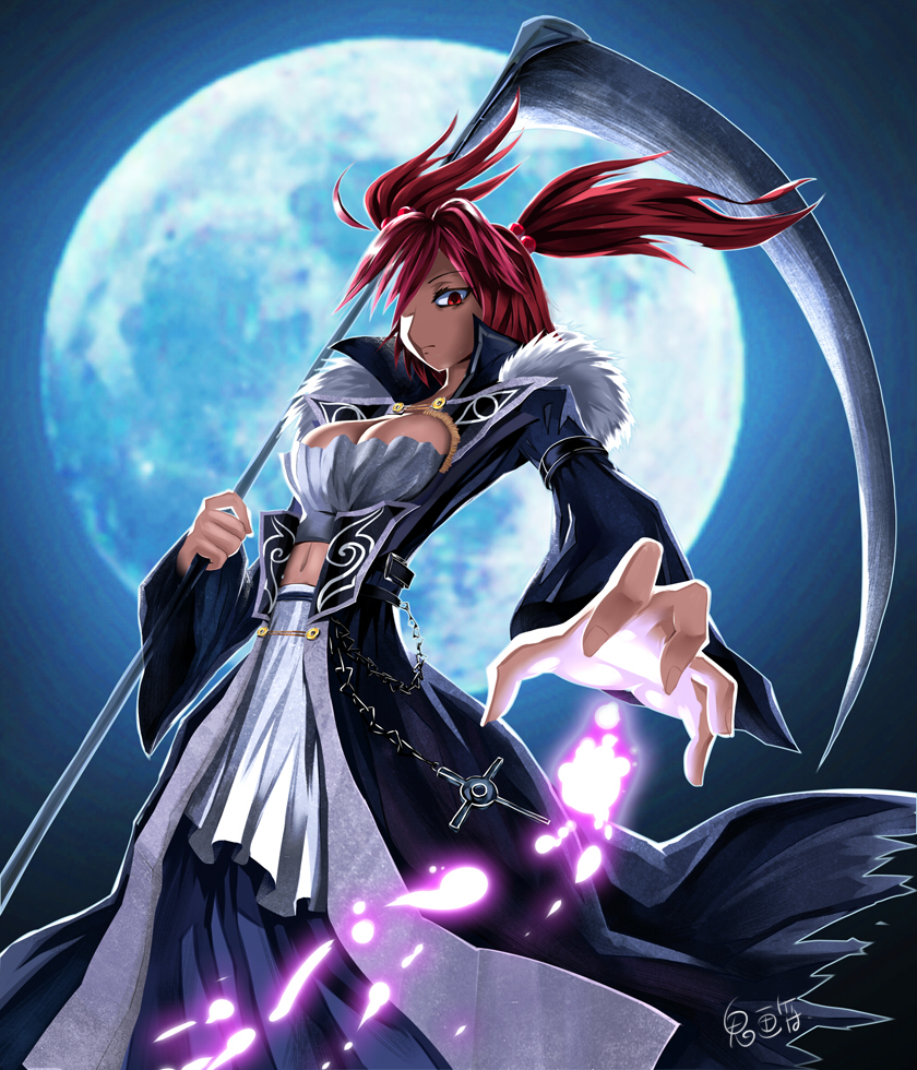 alternate_costume, ghostzxt, hair_bobbles, hair_ornament, moon, navel, onozuka_komachi, red_eyes