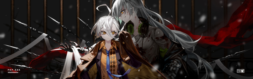 2girls, aek-999_(girls_frontline), ahoge, blazer, blood, blood_on_face, blue_neckwear, girls_frontline
