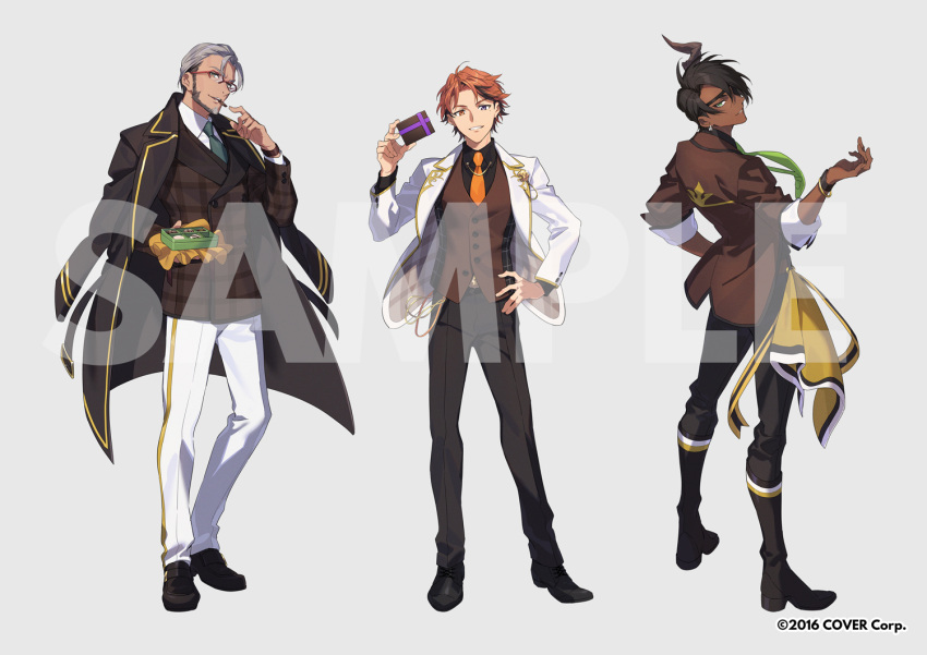 3boys, aragami_ouga, arurandis, belt, black_jacket, brown_jacket, collared_shirt, earrings