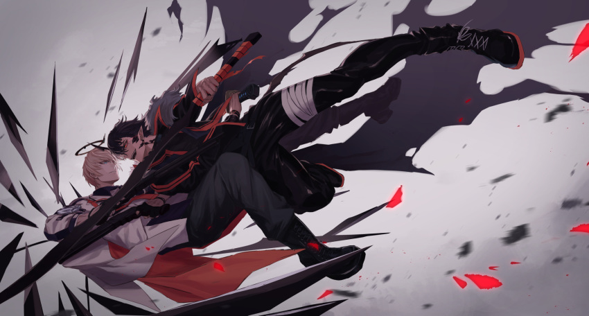 2boys, arknights, bangs, battle, black_footwear, black_gloves, black_hair, black_jacket