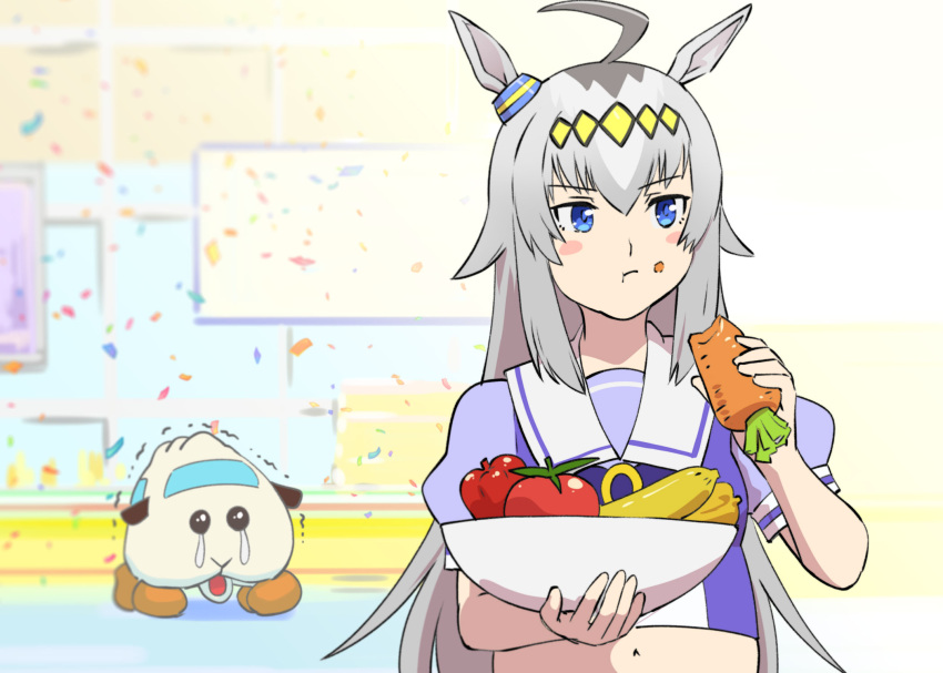 1girl, abby_(pui_pui_molcar), ahoge, animal_ears, banana, blue_eyes, carrot, commentary_request