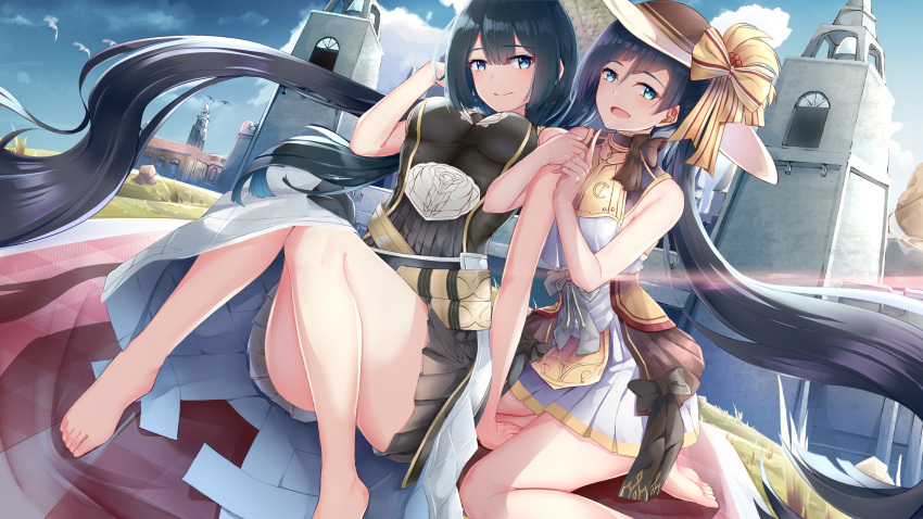 2girls, adapted_costume, aprilis_(ys), aqua_eyes, arm_hug, bare_arms, bare_legs, bare_shoulders