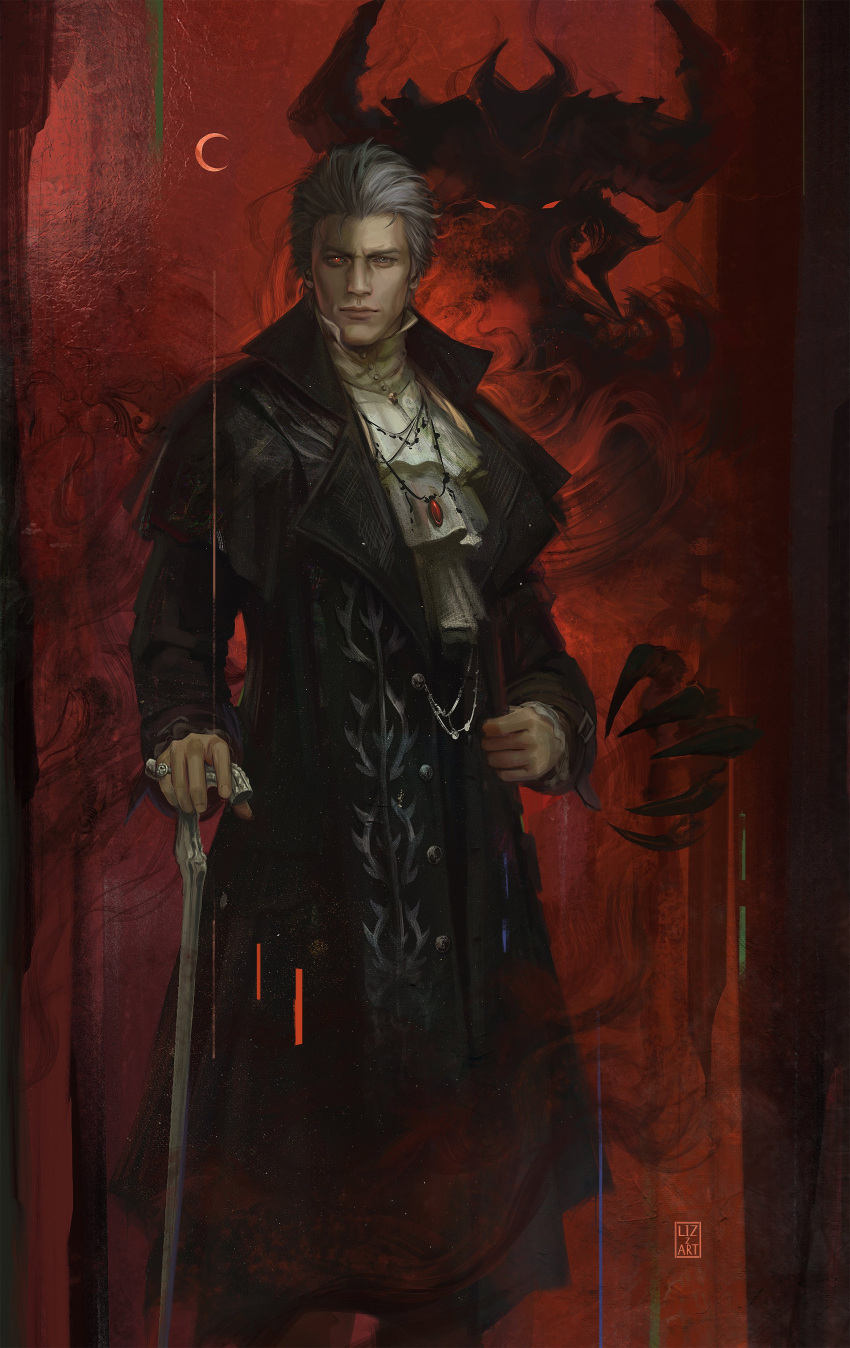 1boy, absurdres, alternate_costume, black_coat, cane, character_request, claws, closed_mouth