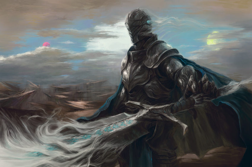 1other, ari_ibarra, armor, blue_cape, breastplate, cape, clouds, cloudy_sky