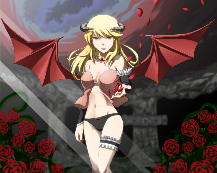 1girl, bangs, bat_wings, black_panties, black_sleeves, blonde_hair, breasts, brown_eyes