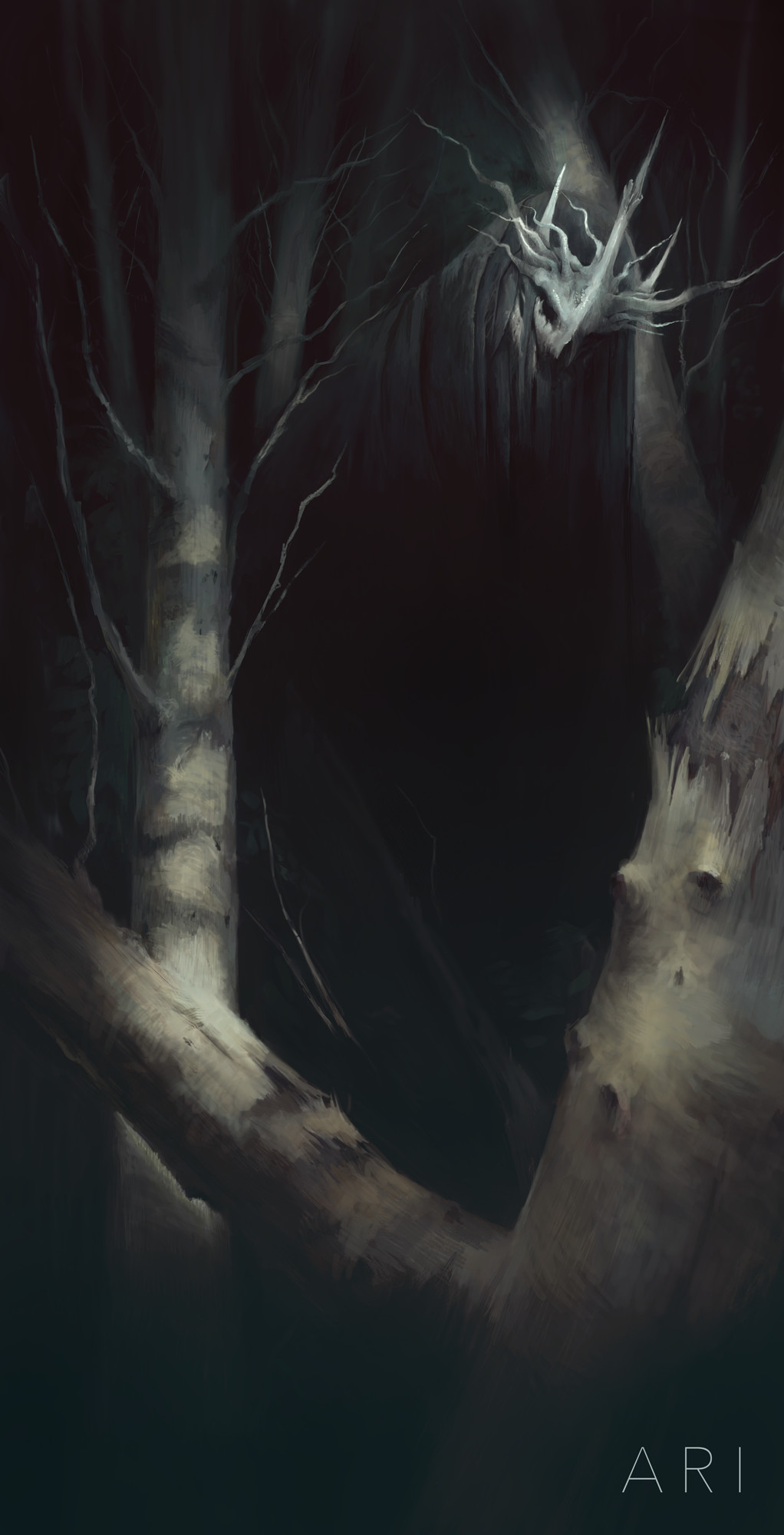 ari_ibarra, artist_name, bare_tree, branch, dark, forest, highres, looking_at_viewer