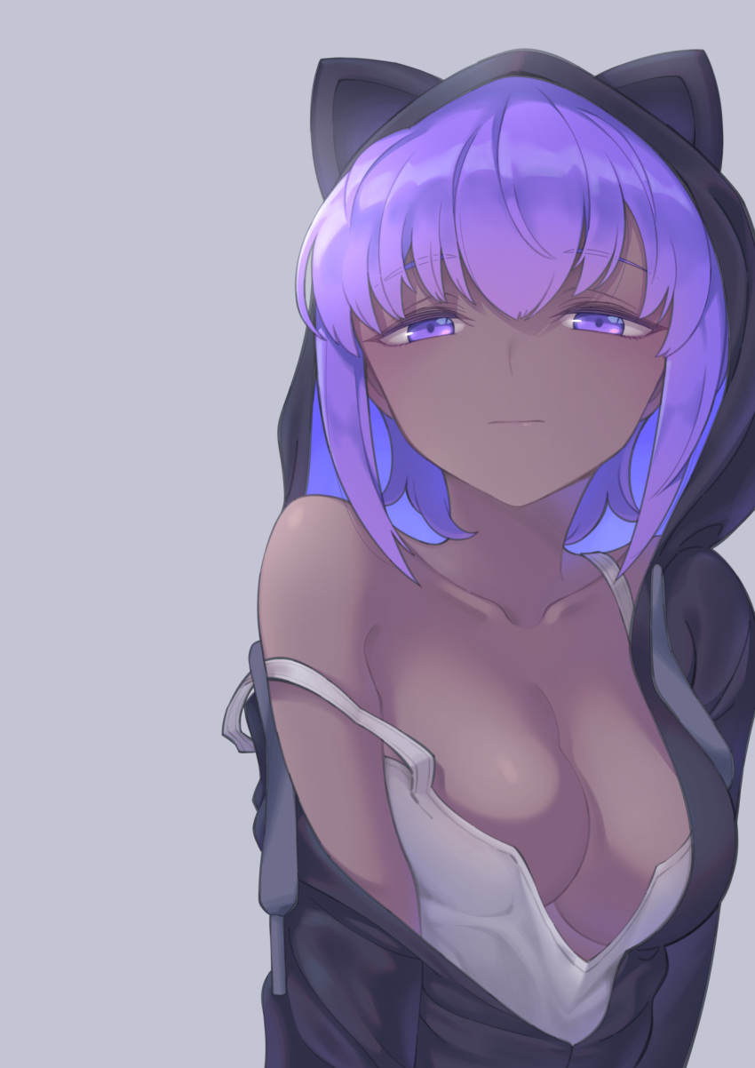 1girl, animal_ears, black_hoodie, breasts, cat_ears, dark_skin, dark-skinned_female, eyebrows_visible_through_hair