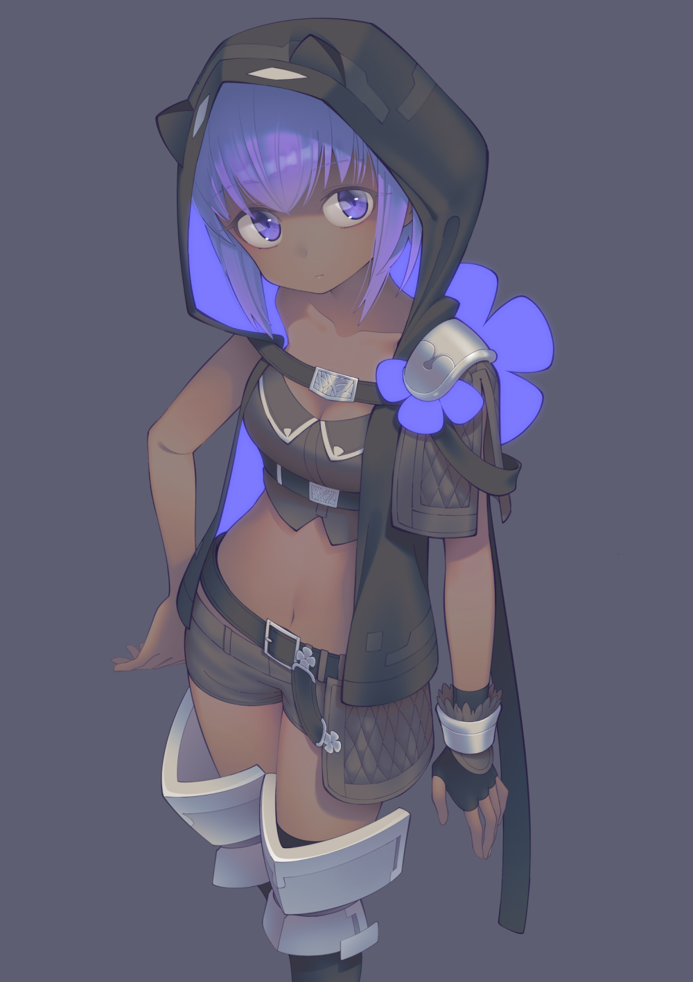 animal_ears, animal_hood, armor, belt, black_hoodie, black_legwear, cat_ears, cat_hood, dark_skin, dark-skinned_female, eyebrows_visible_through_hair, fake_animal_ears, fate/grand_order, fate_(series), fingerless_gloves, floral_print, gloves, grey_hair, hassan_of_serenity_(fate), highres, hood, hood_up, hoodie, midriff, navel, peaceyj, purple_hair, shorts, simple_background, single_glove, thigh-highs, violet_eyes