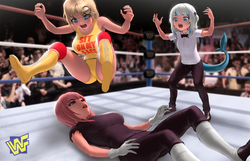 3girls, black_pants, blonde_hair, blue_eyes, breasts, crowd, fighting, fish_tail