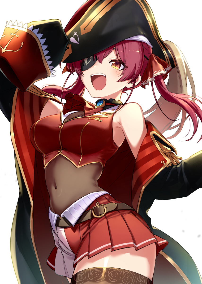 1girl, :d, arm_up, armpit_crease, ascot, bare_shoulders, belt, black_coat