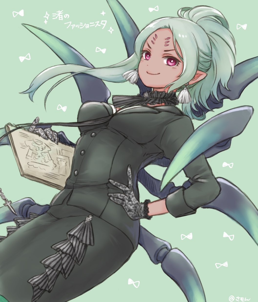 1girl, arachne_(tokyo_houkago_summoners), arthropod_legs, asymmetrical_hair, blue_background, bright_pupils, choker, dark_elf, dark_skin, dark-skinned_female, earrings, elf, extra_eyes, frilled_choker, frills, gloves, hand_on_hip, highres, holding, holding_notebook, insect_girl, jewelry, light_green_hair, long_hair, long_sleeves, looking_at_viewer, notebook, pencil_skirt, pointy_ears, ponytail, simple_background, skirt, smile, solo, spider_girl, summon_lw, tokyo_houkago_summoners, white_pupils