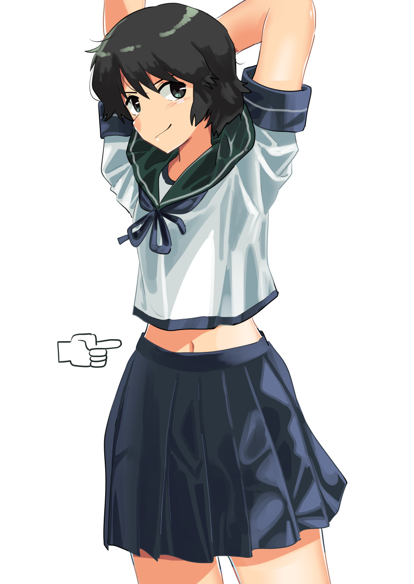 1girl, absurdres, arms_behind_back, black_hair, blue_neckwear, blue_sailor_collar, blue_skirt, cowboy_shot
