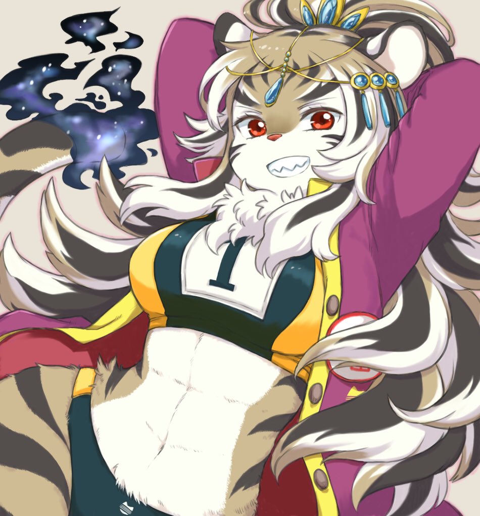 1girl, :d, animal_ears, animal_nose, arms_behind_head, beige_fur, black_fur, black_hair, body_fur, breasts, brown_fur, brown_hair, commentary, durga_(tokyo_houkago_summoners), furry, large_breasts, long_hair, looking_at_viewer, multicolored_hair, navel, open_mouth, red_eyes, sharp_teeth, simple_background, smile, solo, streaked_hair, striped_fur, summon_lw, tail, teeth, tiger, tiger_ears, tiger_girl, tiger_tail, tokyo_houkago_summoners, white_hair