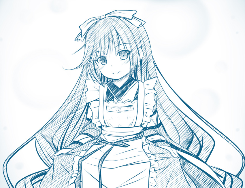 1girl, apron, bangs, blue_theme, blush, bow, closed_mouth, commentary_request