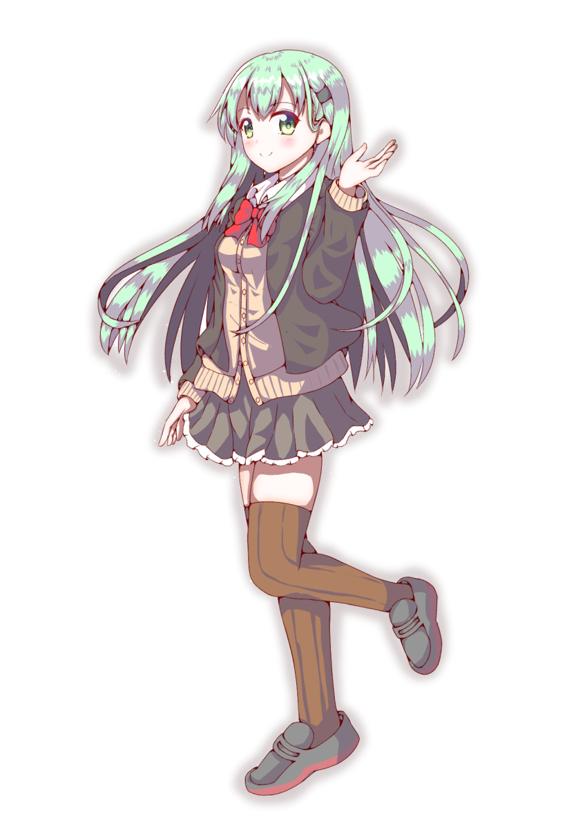 1girl, aqua_eyes, aqua_hair, blazer, brown_cardigan, brown_jacket, brown_legwear, brown_skirt
