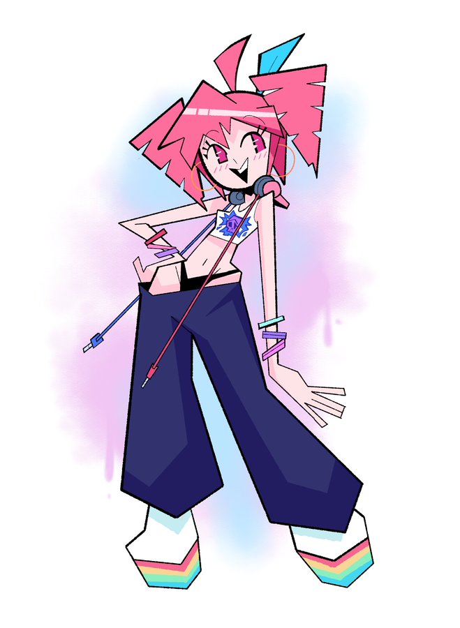 1girl, baggy_pants, bracelet, drill_locks, earrings, headphones, headphones_around_neck, hernyed