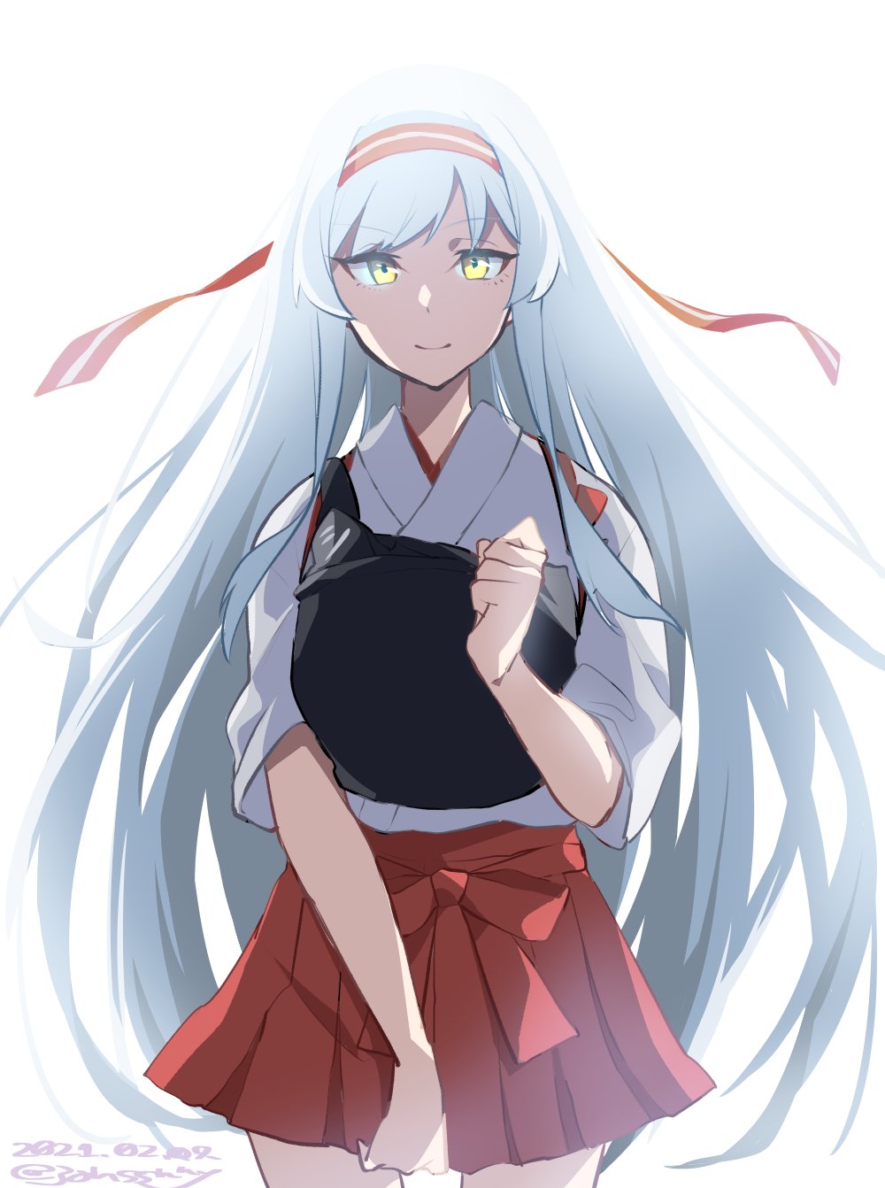 1girl, commentary_request, cowboy_shot, hakama, hakama_skirt, headband, highres, japanese_clothes