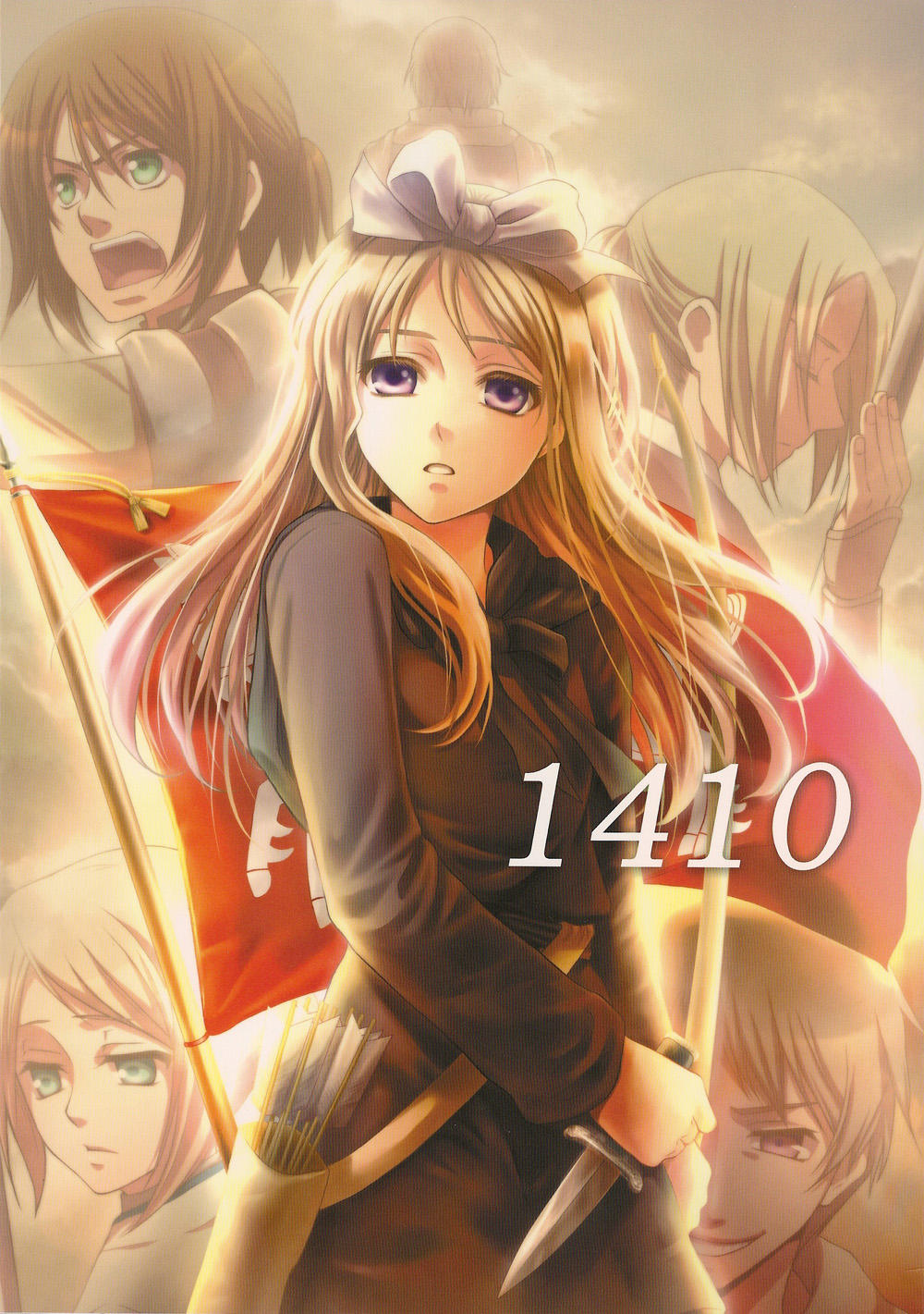 axis_powers_hetalia, battle, belarus_(hetalia), blonde_hair, bow_(weapon), brown_hair, capelet, closed_eyes, dagger, dress, everyone, flag, grand_duchy_of_lithuania, green_eyes, grin, hair_ribbon, highres, historical, knife, lithuania_(hetalia), long_hair, medieval, pink_eyes, poland_(hetalia), ponytail, prussia_(hetalia), purple_eyes, quiver, ribbon, russia_(hetalia), sasano_shiki, scan, short_hair, smile, sunlight, twilight, ukraine_(hetalia), violet_eyes, weapon, white_russia