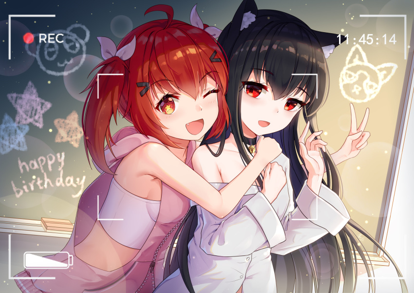 2girls, :d, ;d, absurdres, ahoge, animal_ear_fluff, animal_ears, bangs