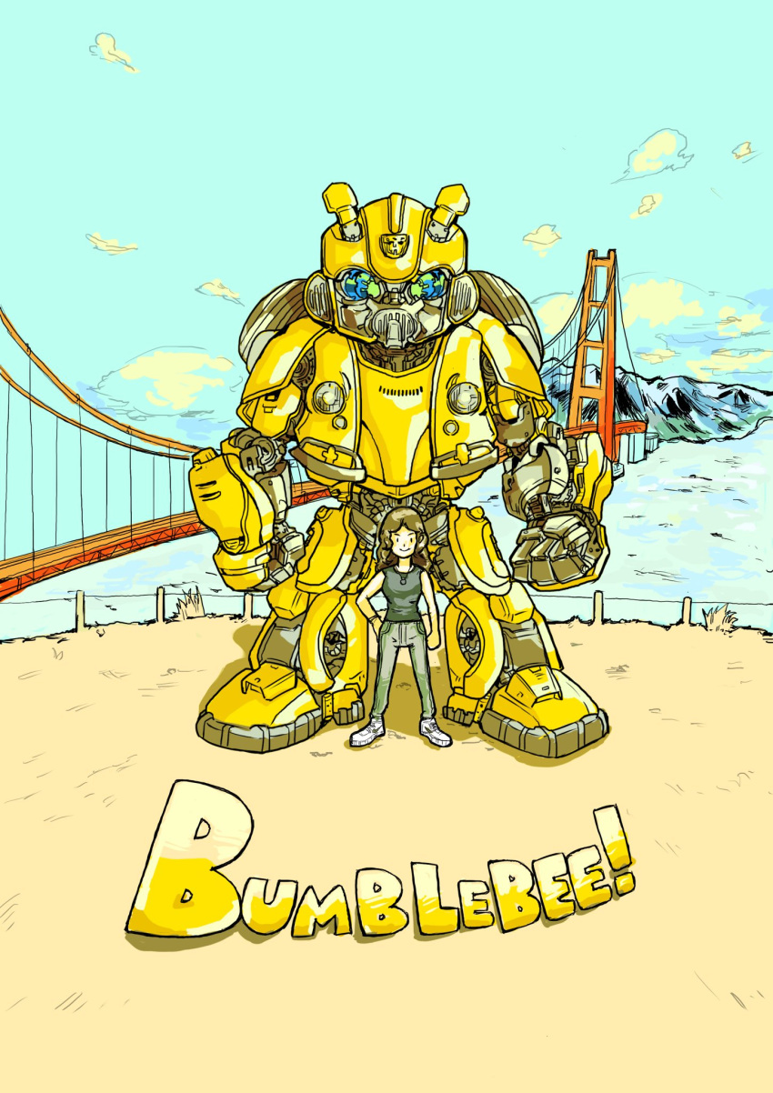 1boy, 1girl, autobot, black_shirt, blue_eyes, brown_hair, bumblebee, bumblebee_(film)