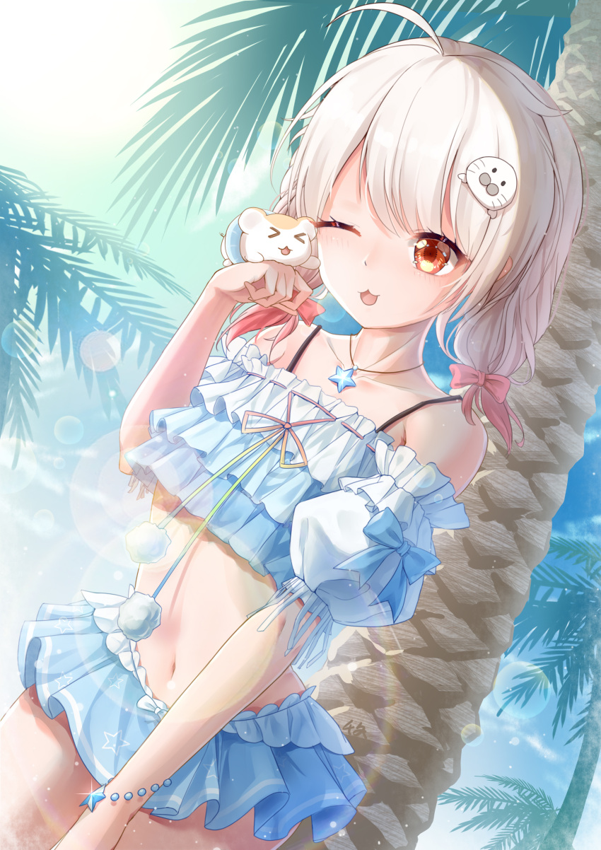 >_<, 1girl, :3, absurdres, ahoge, bangs, bikini, bow