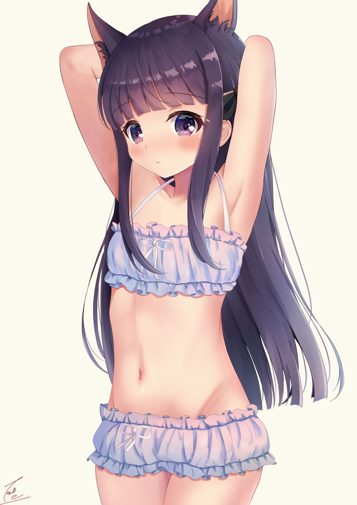 1girl, animal_ear_fluff, animal_ears, armpits, arms_behind_head, arms_up, bangs, bare_shoulders
