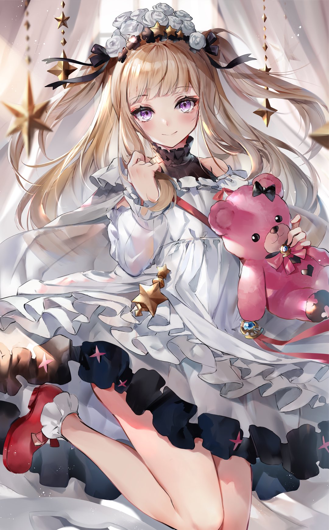 1girl, bangs, bare_shoulders, blonde_hair, blush, breasts, cagliostro_(granblue_fantasy), closed_mouth