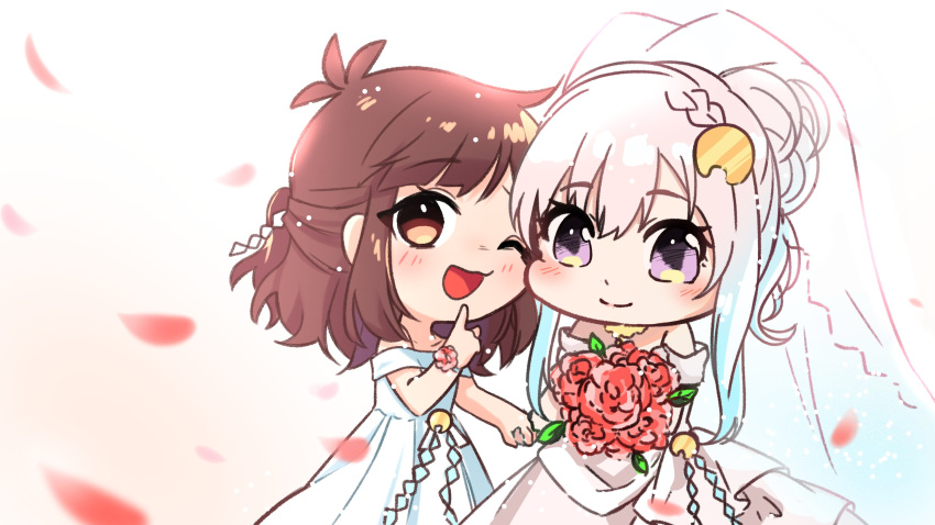 2girls, absurdres, airani_iofifteen, airani_iofifteen_(artist), blue_hair, bouquet, bridal_veil, brown_hair