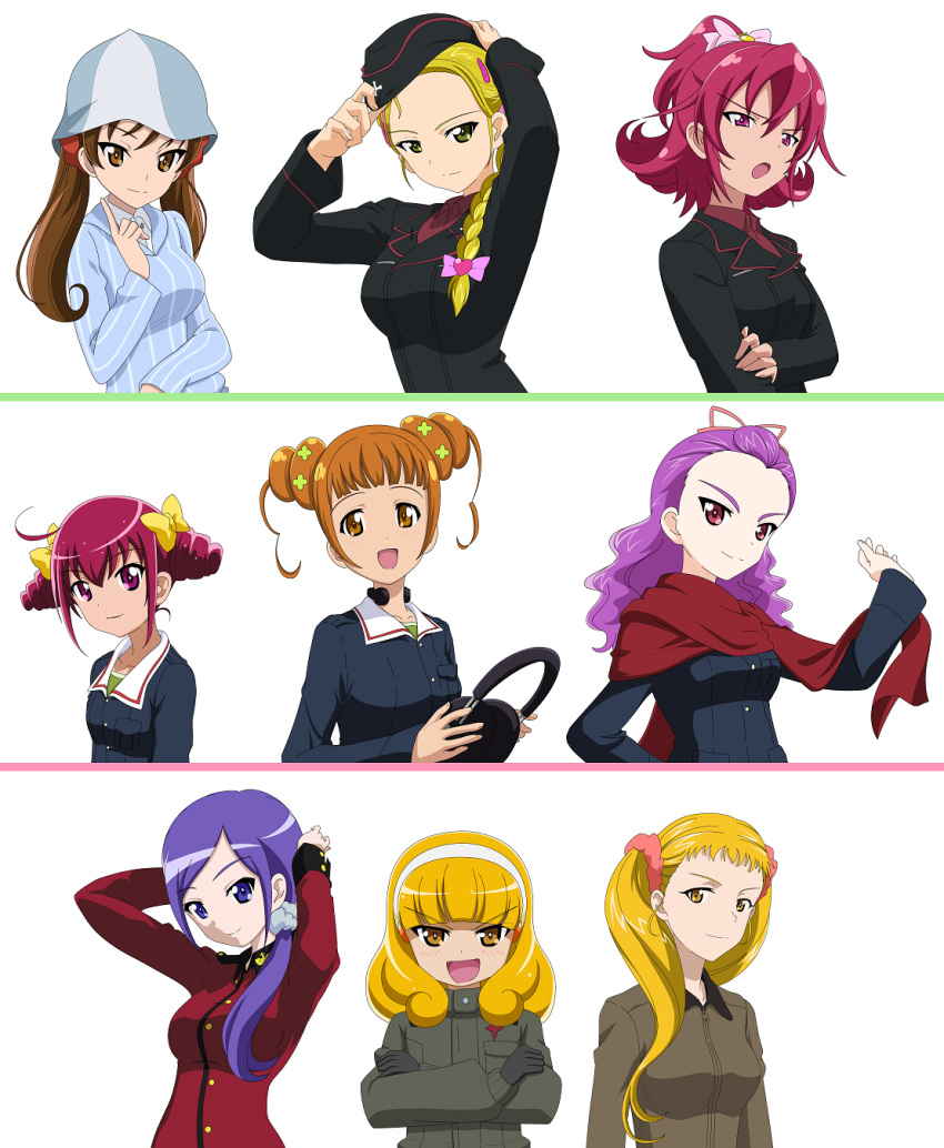 6+girls, aida_mana, aono_miki, blonde_hair, braid, brown_hair, caesar_(girls_und_panzer), caesar_(girls_und_panzer)_(cosplay), cosplay, dokidoki!_precure, fresh_precure!, fuchigami_mai, fukuen_misato, futari_wa_precure, futari_wa_precure_max_heart, girls_und_panzer, hat, headphones, highres, hoshizora_miyuki, ise_mariya, j9mz23, kanemoto_hisako, kasugano_urara_(yes!_precure_5), katyusha_(girls_und_panzer), katyusha_(girls_und_panzer)_(cosplay), keizoku_military_uniform, kise_yayoi, kitamura_eri, kujou_hikari, kuromorimine_military_uniform, mika_(girls_und_panzer), mika_(girls_und_panzer)_(cosplay), mimino_kurumi, multiple_girls, nabatame_hitomi, naomi_(girls_und_panzer), naomi_(girls_und_panzer)_(cosplay), nishizumi_maho, nishizumi_maho_(cosplay), nishizumi_miho, nishizumi_miho_(cosplay), noto_mamiko, ooarai_military_uniform, pink_hair, pravda_military_uniform, precure, precure_all_stars, sakagami_ayumi, saunders_military_uniform, scarf, seiyuu_connection, sendai_eri, smile_precure!, st._gloriana's_military_uniform, tanaka_rie, twintails, yes!_precure_5, yotsuba_alice