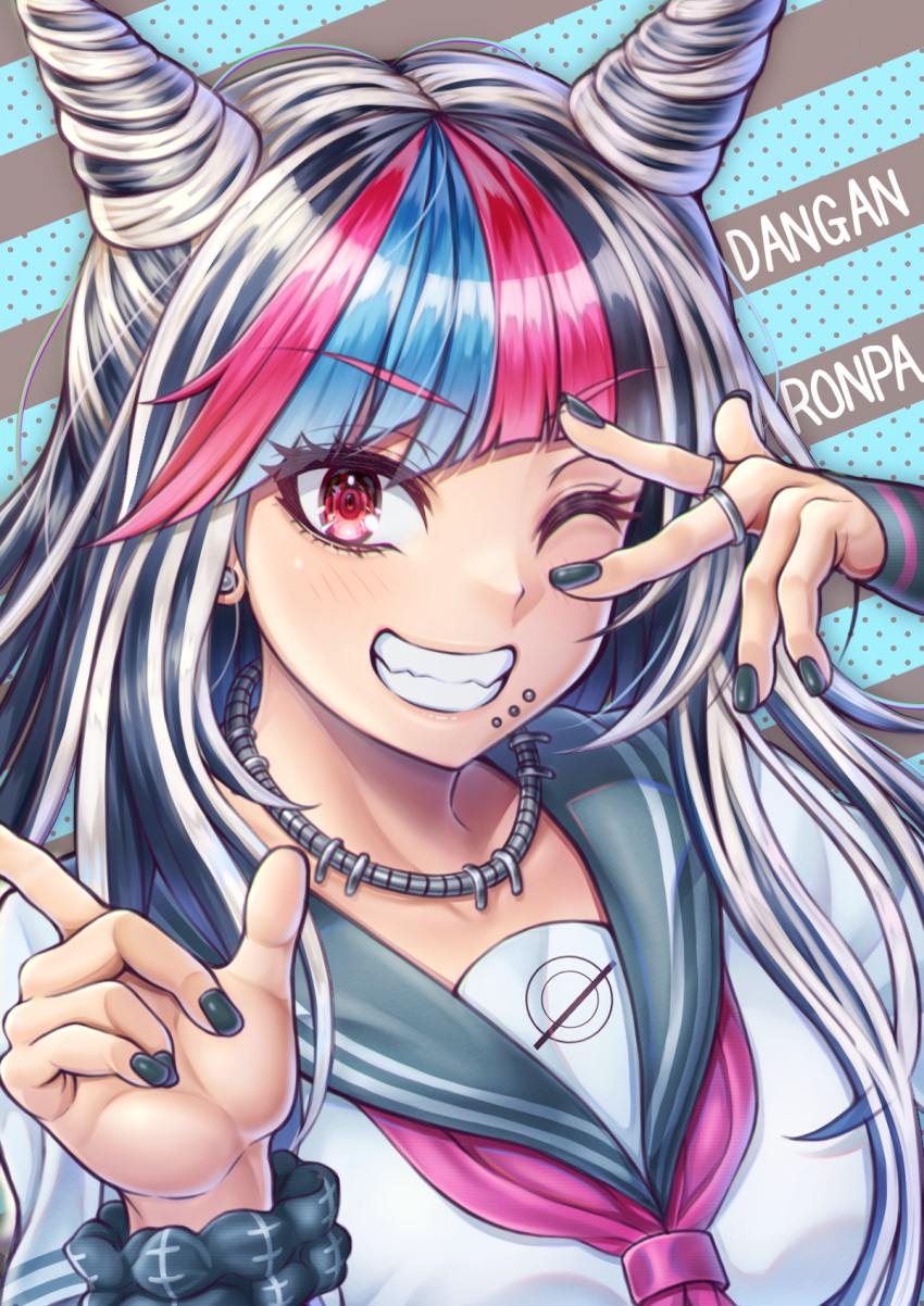 1girl, bangs, black_hair, black_nails, black_scrunchie, blue_hair, breasts, copyright_name, dangan_ronpa_(series), dangan_ronpa_2:_goodbye_despair, donkikong_(pixiv17278003), ear_piercing, eyebrows_visible_through_hair, fangs, hair_horns, hands_up, highres, index_finger_raised, jewelry, lip_piercing, long_hair, looking_at_viewer, medium_breasts, mioda_ibuki, multicolored_hair, nail_polish, necklace, one_eye_closed, piercing, pink_eyes, pink_hair, polka_dot, polka_dot_background, sailor_collar, school_uniform, scrunchie, serafuku, shiny, shiny_hair, smile, solo, striped, striped_background, v_over_eye, white_hair, wrist_scrunchie