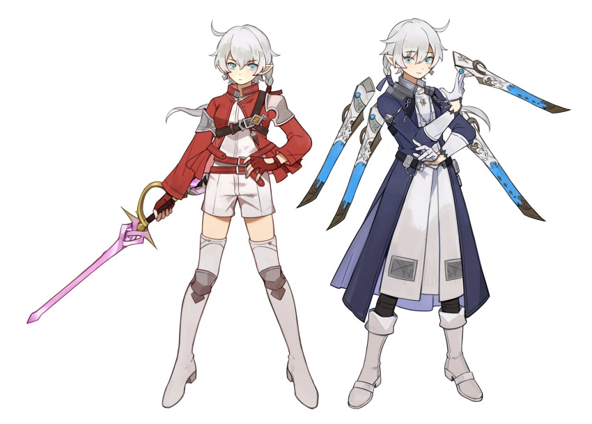 1boy, 1girl, alisaie_leveilleur, alphinaud_leveilleur, boots, brother_and_sister, chaffxiv, crystal_sword, elezen, elf, final_fantasy, final_fantasy_xiv, fingerless_gloves, floating_weapon, full_body, gloves, hand_on_hip, highres, jacket, looking_at_viewer, pointy_ears, red_jacket, red_mage, sage_(final_fantasy), short_shorts, shorts, siblings, sword, thigh-highs, twins, weapon, white_gloves