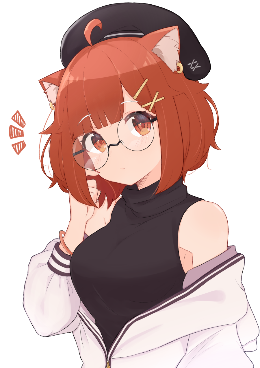 1girl, ahoge, animal_ear_fluff, armlet, armpit_peek, bangs, bare_shoulders, blush