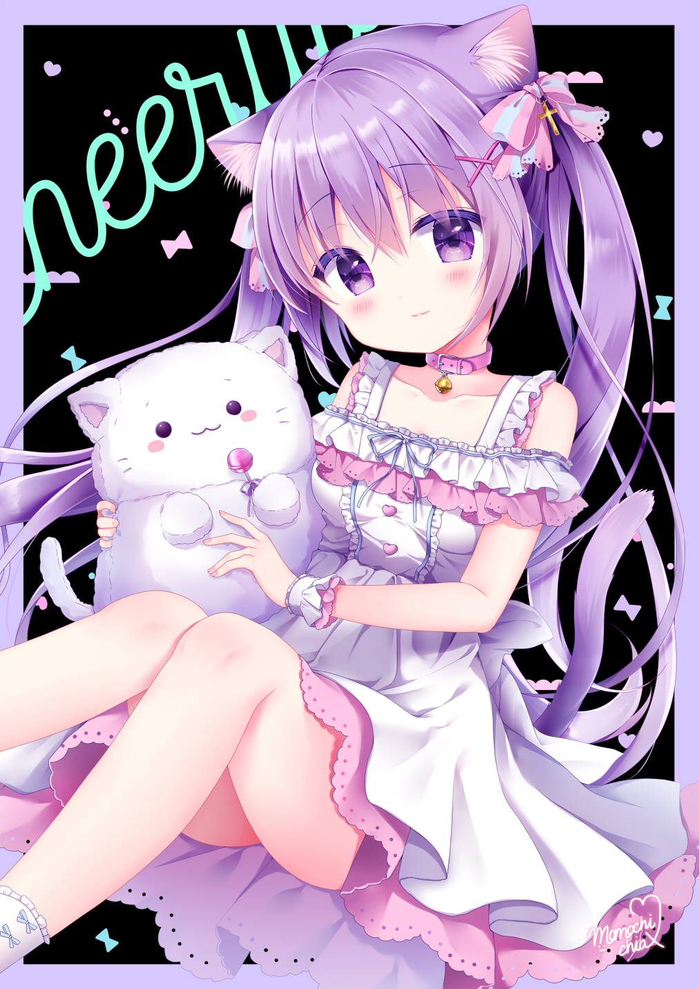 1girl, :&amp;gt;, bell, black_background, blush, cat_ears, cat_tail, collarbone