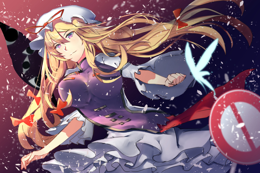1girl, bangs, blonde_hair, blurry_foreground, bow, breasts, bug, butterfly