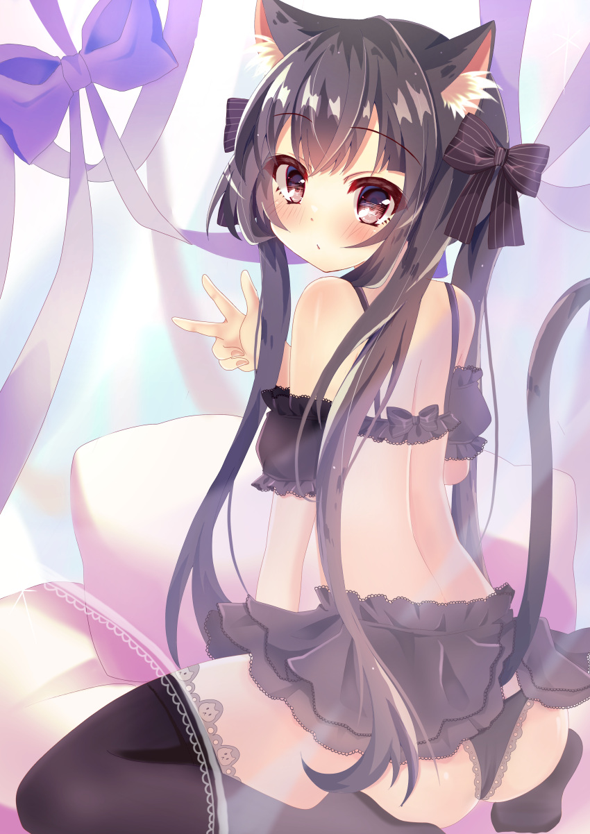 1girl, absurdres, akashiro_hana, animal_ears, bangs, bare_arms, bare_back, bare_legs, bare_shoulders, black_bow, black_hair, black_underskirt, blush, body_pillow, bow, breasts, brown_eyes, bust_chart, cat_ears, closed_mouth, eyebrows_visible_through_hair, hair_between_eyes, hair_ornament, hair_ribbon, hands_up, highres, long_hair, looking_at_viewer, lying, off_shoulder, on_back, on_bed, original, over-kneehighs, panties, pillow, purple_bow, ribbon, skirt, small_breasts, solo, tail, thigh-highs, twintails, underwear, white_background