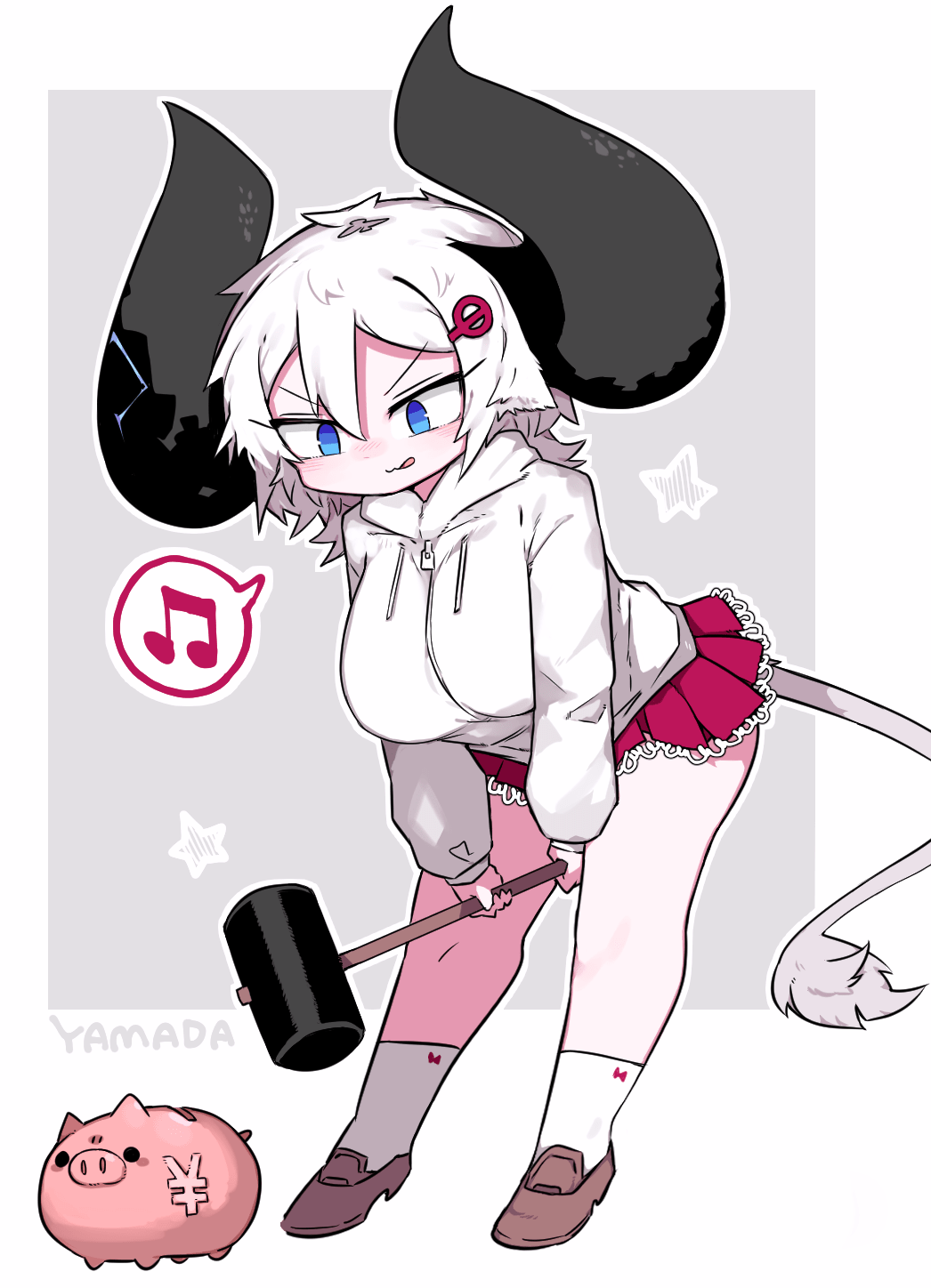 1girl, blue_eyes, breasts, brown_footwear, commentary_request, cow_tail, drawstring, full_body, hair_ornament, hairclip, hammer, highres, holding, holding_hammer, hood, hood_down, horns, jacket, large_breasts, licking_lips, long_sleeves, mato_tsuyoi, musical_note, original, piggy_bank, red_skirt, skirt, socks, solo, spoken_musical_note, standing, tail, tongue, tongue_out, white_hair, white_jacket, yamada_vanhouten